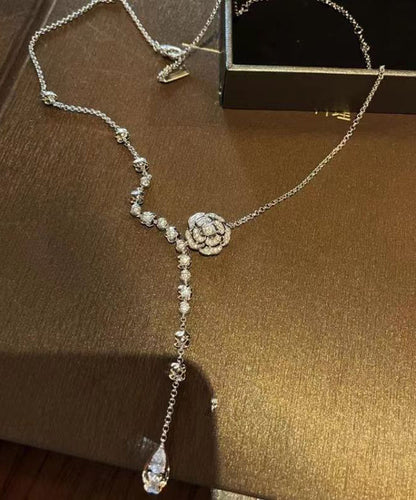 Silk Sterling Silver Zircon Rose Tassel Pendant Necklace