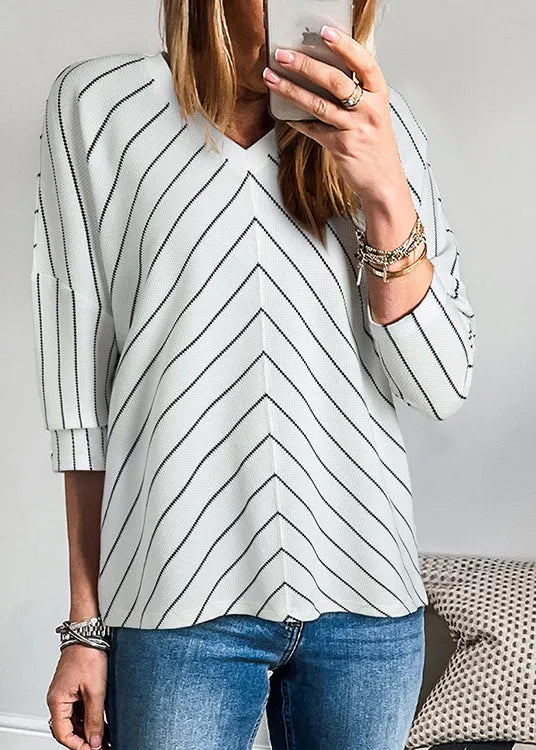 Unique V Neck Striped Cotton Tops Bracelet Sleeve