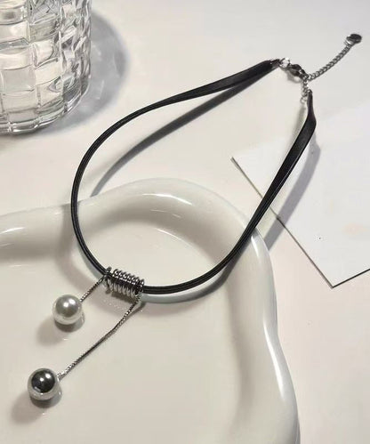 Handmade Black Leather Pearl Pendant Necklace