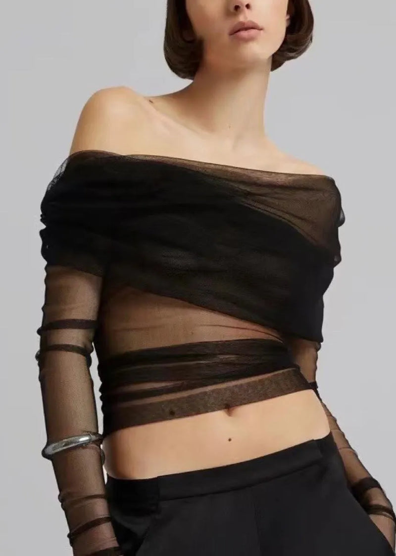 Black Slash Neck Pleated Tulle Long Sleeved Slim Fit T-shirt