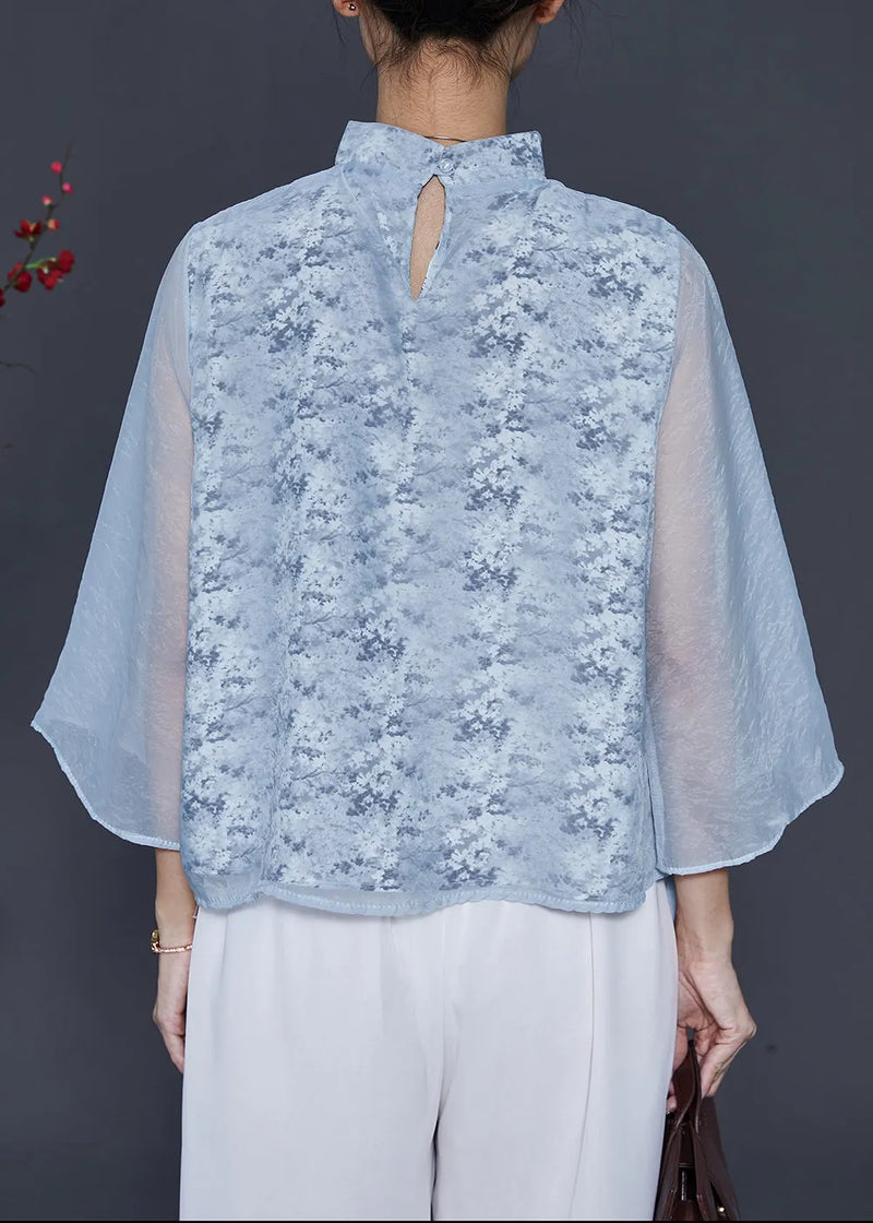 Sky Blue Mandarin Collar Print Chiffon Shirt Top Spring