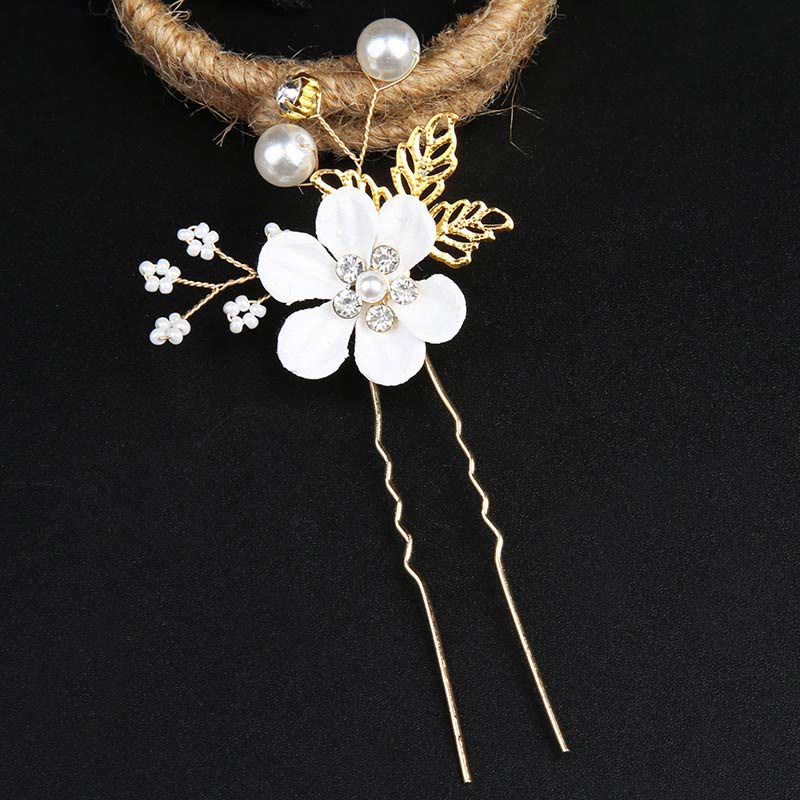 Golden Leaf Flower Pearl Chinese Hairpin Set - 4pcs Comb