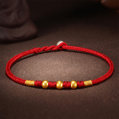 Handmade Red String Bracelet With 999 Gold Beads and King Kong Knot for Protection