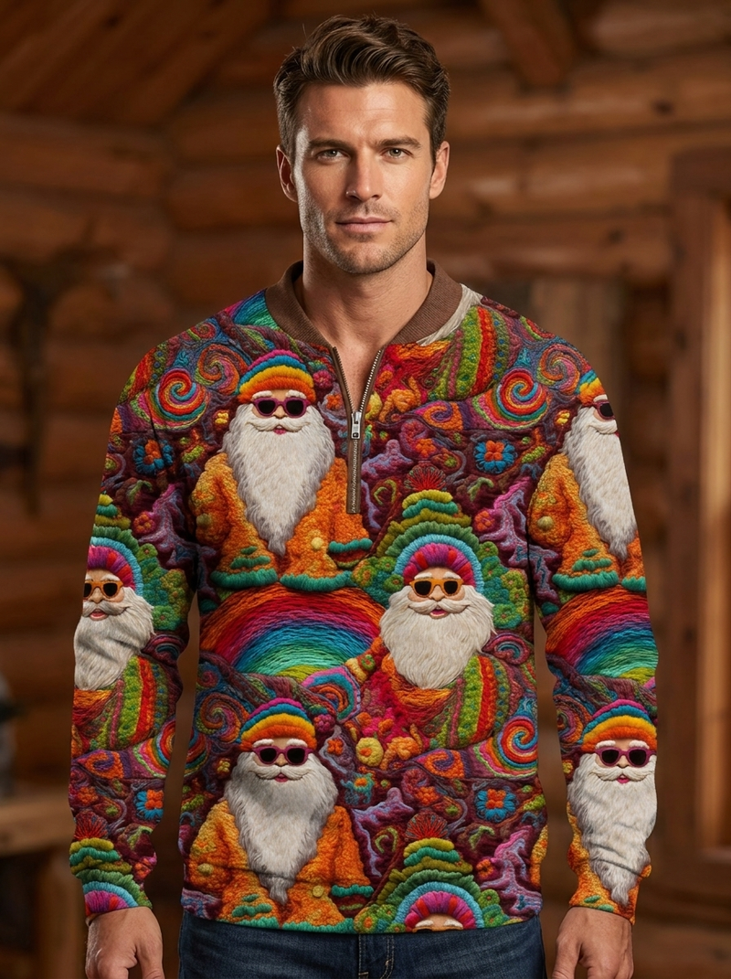 Men's Retro Groovy Hippie Santa Claus Print Casual Zip Fur-Collar Sweater