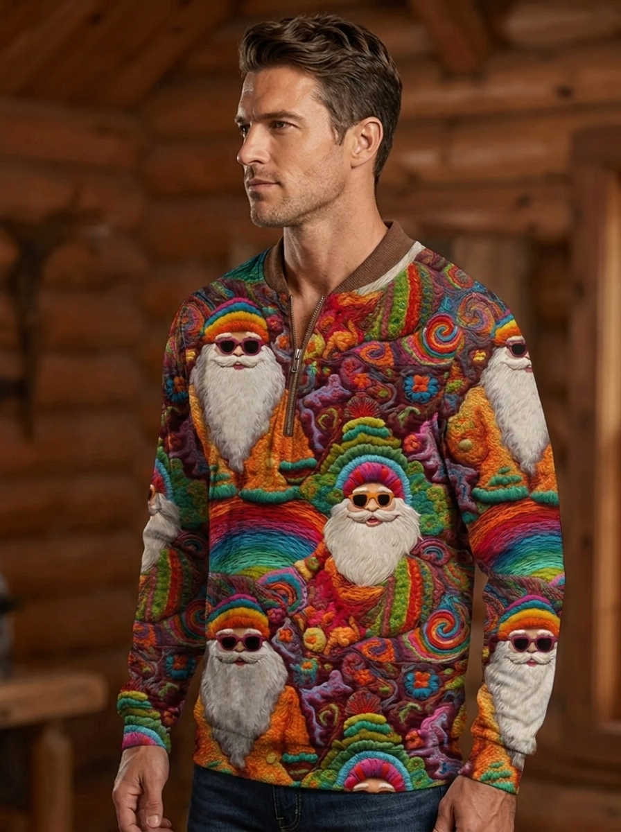 Men's Retro Groovy Hippie Santa Claus Print Casual Zip Fur-Collar Sweater