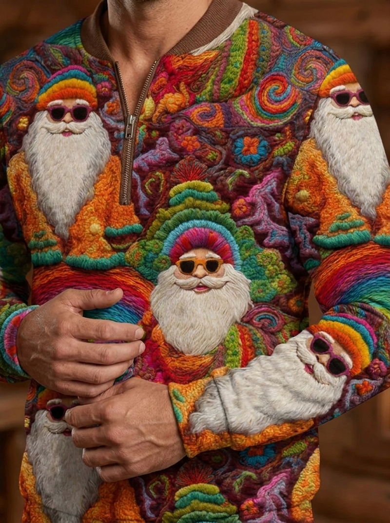 Men's Retro Groovy Hippie Santa Claus Print Casual Zip Fur-Collar Sweater
