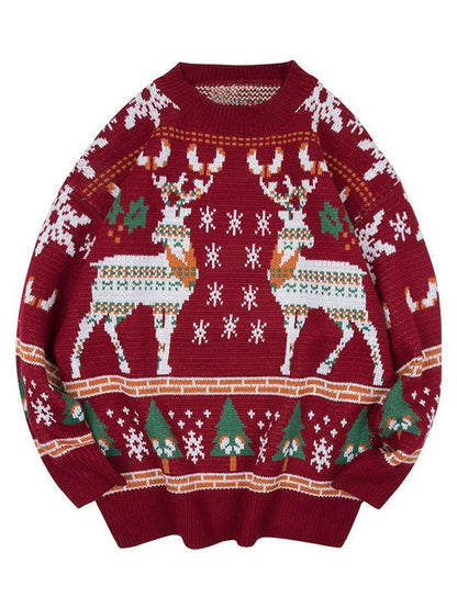 Oversized Christmas Sweater with Crew Neck and Deer Pattern