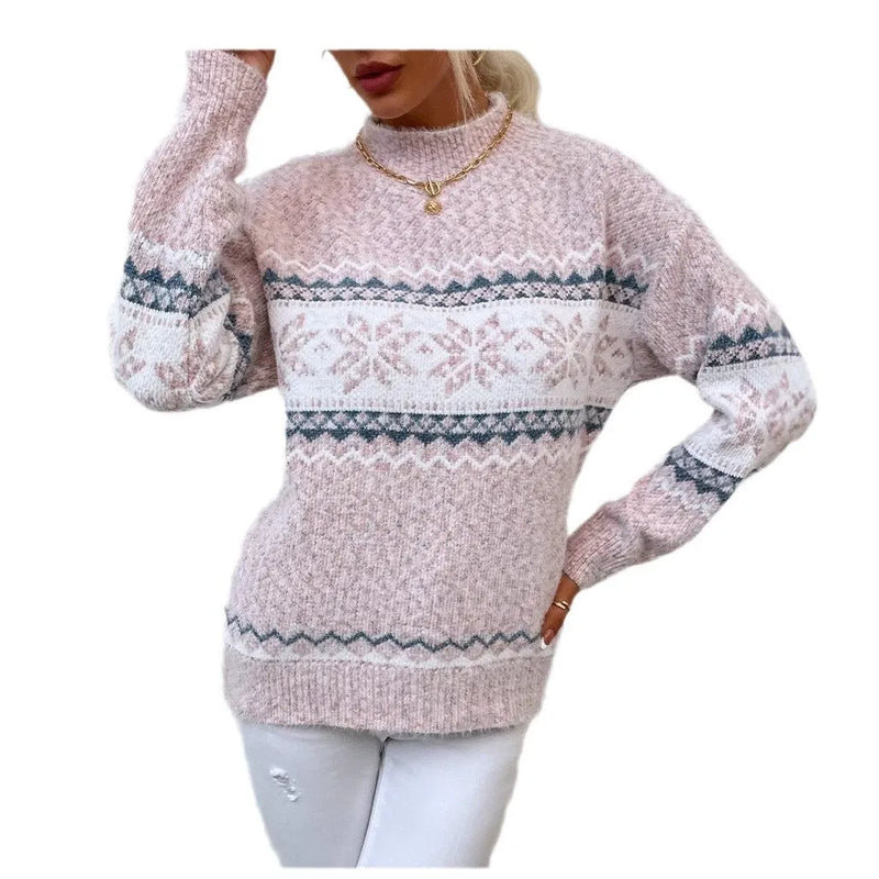 Sweater Wool Knit Relaxed Fit Snowflake Pattern High Collar