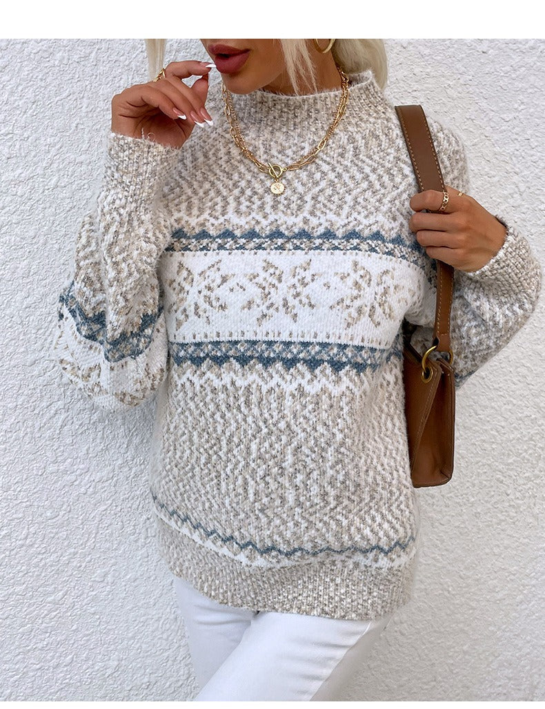 Sweater Wool Knit Relaxed Fit Snowflake Pattern High Collar