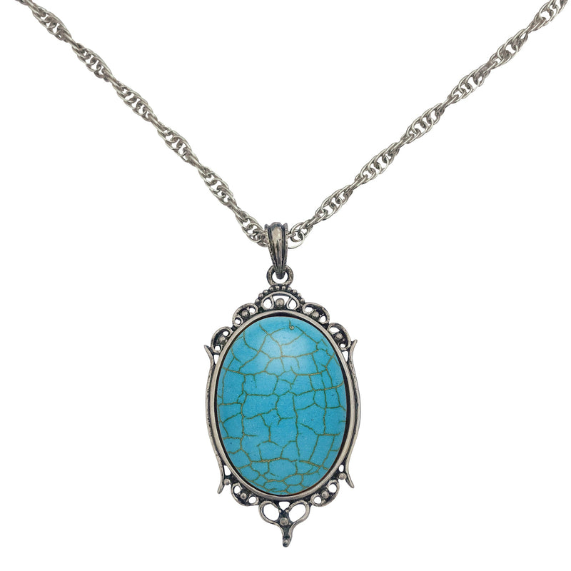 Antique Silver Turquoise Resin Cabochon Pendant on Fancy Rope Chain Necklace, 24