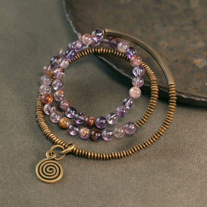 Love and Forgiveness Bracelet With Purple Phantom, Red Hematoid & Green Rutilated Quartz
