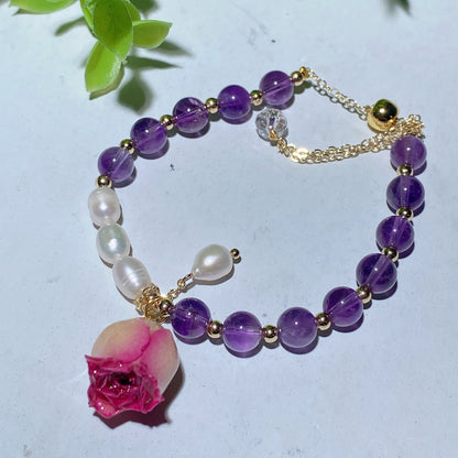 Mixed Crystal Healing Bracelet With Pearl Rose Flower Accent