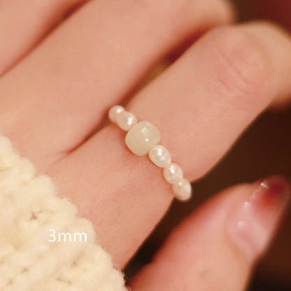 Natural Hetian Jade, Red Agate & Pearl Elastic Ring