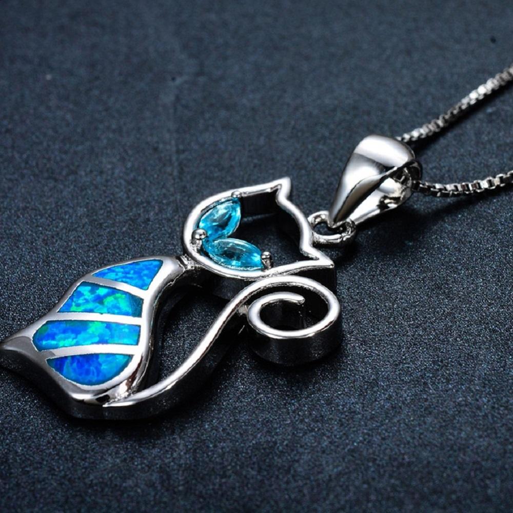 Blue Fire Opal Cat Sterling Silver Necklace