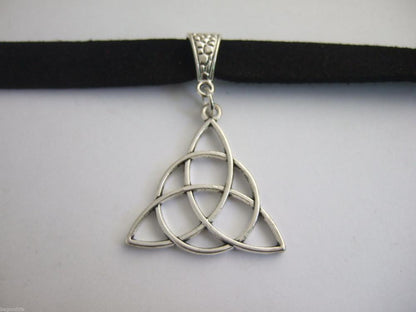 Celtic Trinity Knot Black Flat Faux Suede Necklace