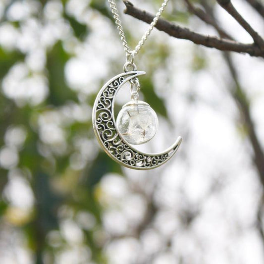 Crescent Moon & Real Dandelion Seeds Necklace