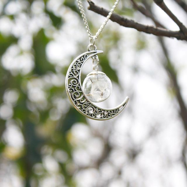 Crescent Moon & Real Dandelion Seeds Necklace