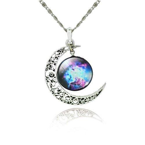 Galaxy Cabochon Crescent Moon Silver Necklace