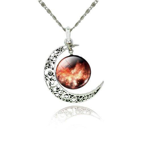 Galaxy Cabochon Crescent Moon Silver Necklace