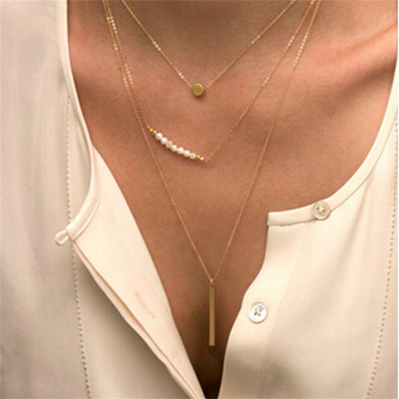 Gold Multilayer Long Strip Pendant Necklace