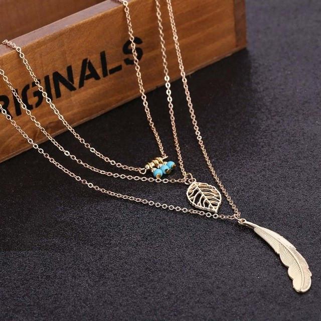 Multi Layer Feather & Leaf Necklace