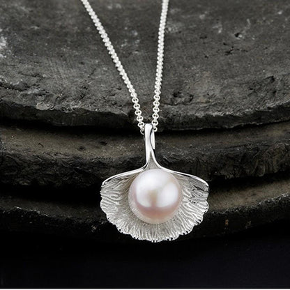 Pearl in Ginkgo Leaf Sterling Silver Necklace