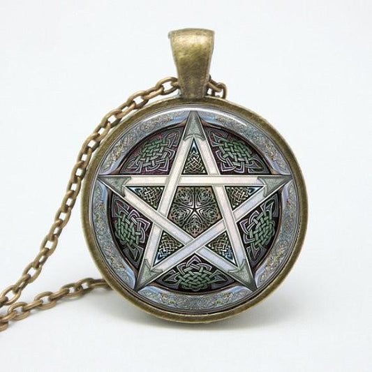 Pentacle Wiccan Pendant Talisman - Unique Glass & Bronze Necklace