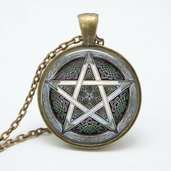 Pentacle Wiccan Pendant Talisman - Unique Glass & Bronze Necklace