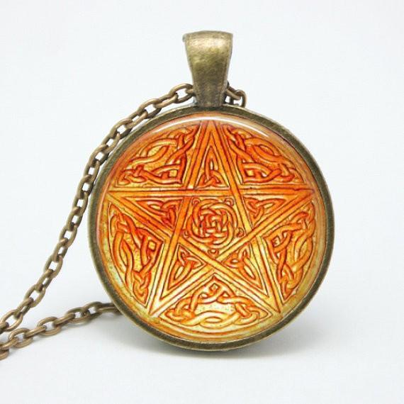 Pentacle Wiccan Pendant Talisman - Unique Glass & Bronze Necklace