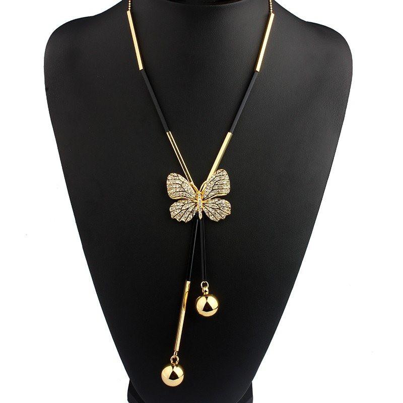 Rhinestone Butterfly Long Beaded Chain Necklace