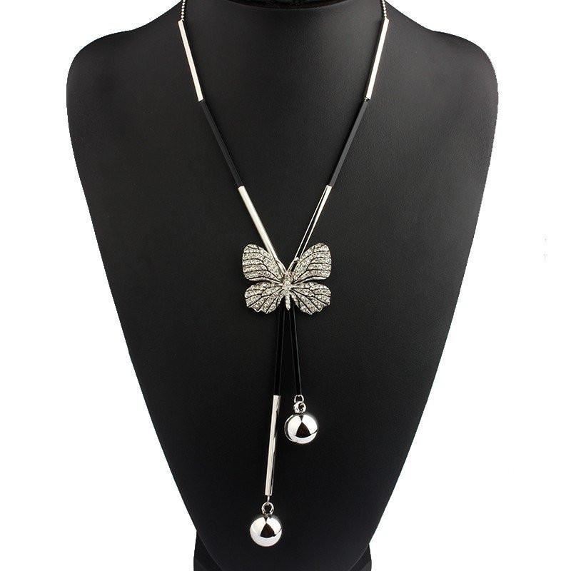Rhinestone Butterfly Long Beaded Chain Necklace