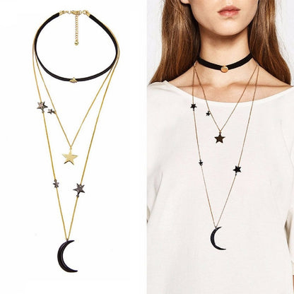 Three Layers Stars & Moon Necklace