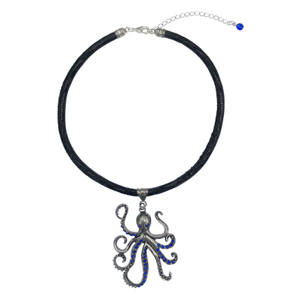 Large Pewter Octopus Pendant Choker Necklace With Blue Cz and Rhinestones on Thick Leather Cord