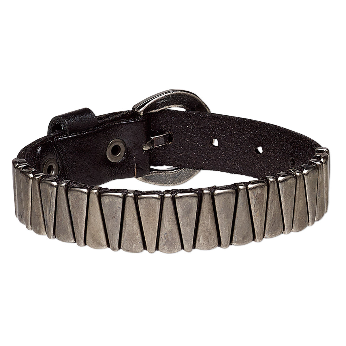 Modern Gothic Gunmetal Steel Triangles Black Leather Bracelet