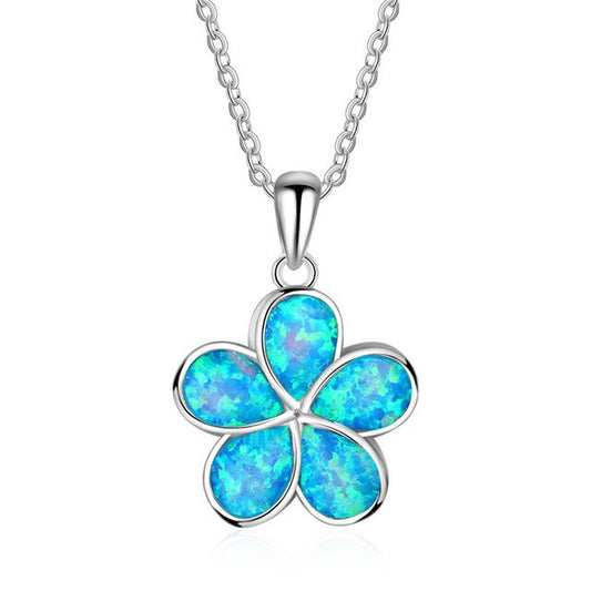 Blue Opal Flower Silver Necklace
