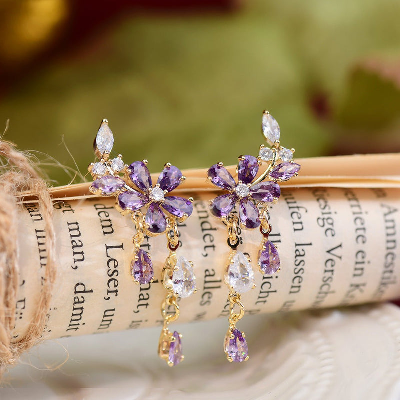 Purple Flower Drop Earrings
