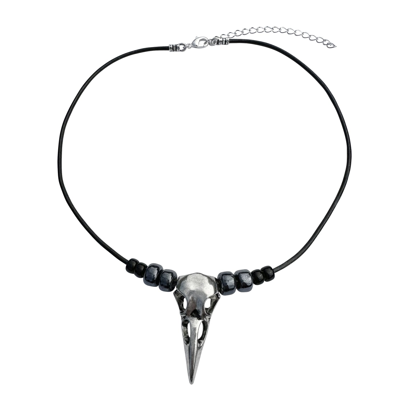 Large Silver Raven Skull Pendant on Beaded Black Leather Cord Necklace - 16" to 19"