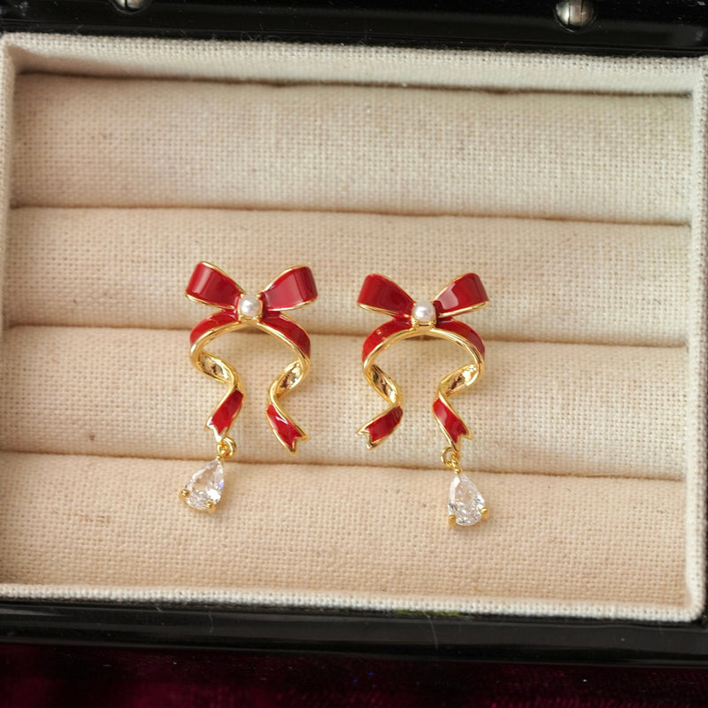 Red Bow Drop Earrings