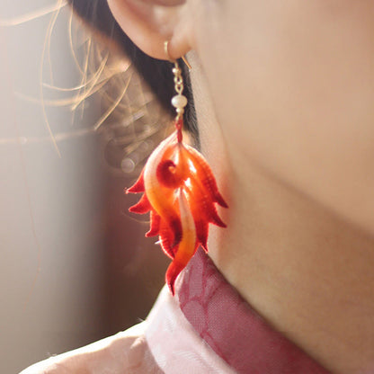 Red Feather Drop Earrings With 14k Gold & Silk
