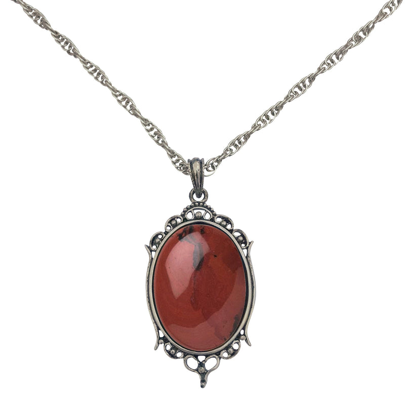 Antique Silver Red Jasper Gemstone Cabochon Pendant on Fancy Rope Chain Necklace, 24