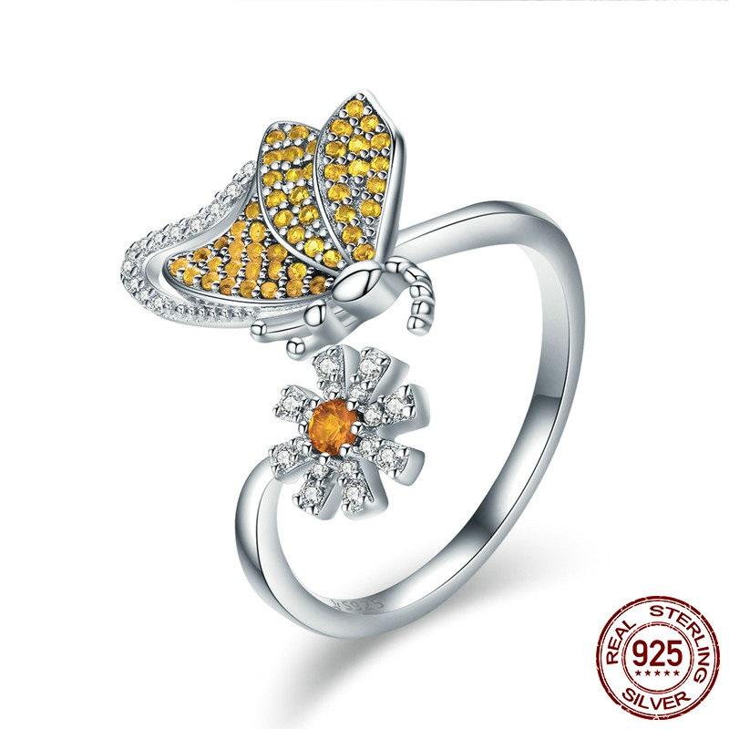 Butterfly & Daisy Sterling Silver Ring
