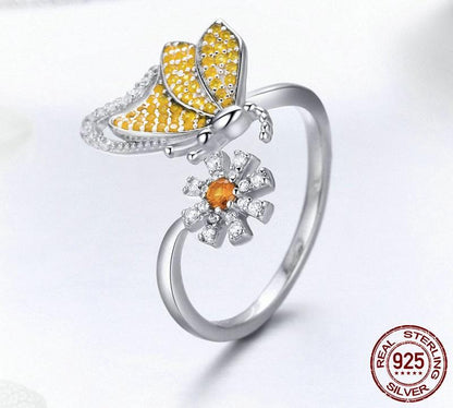 Butterfly & Daisy Sterling Silver Ring
