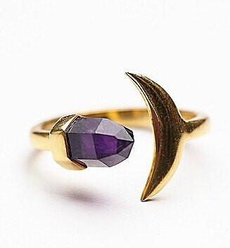 Crescent Moon & Purple Crystal Wrap Ring