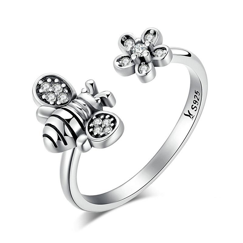 Flower & Bee Sterling Silver Open Ring