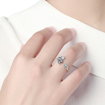 Flower & Bee Sterling Silver Open Ring