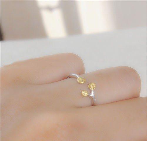 Golden Leaves Silver Open Ring