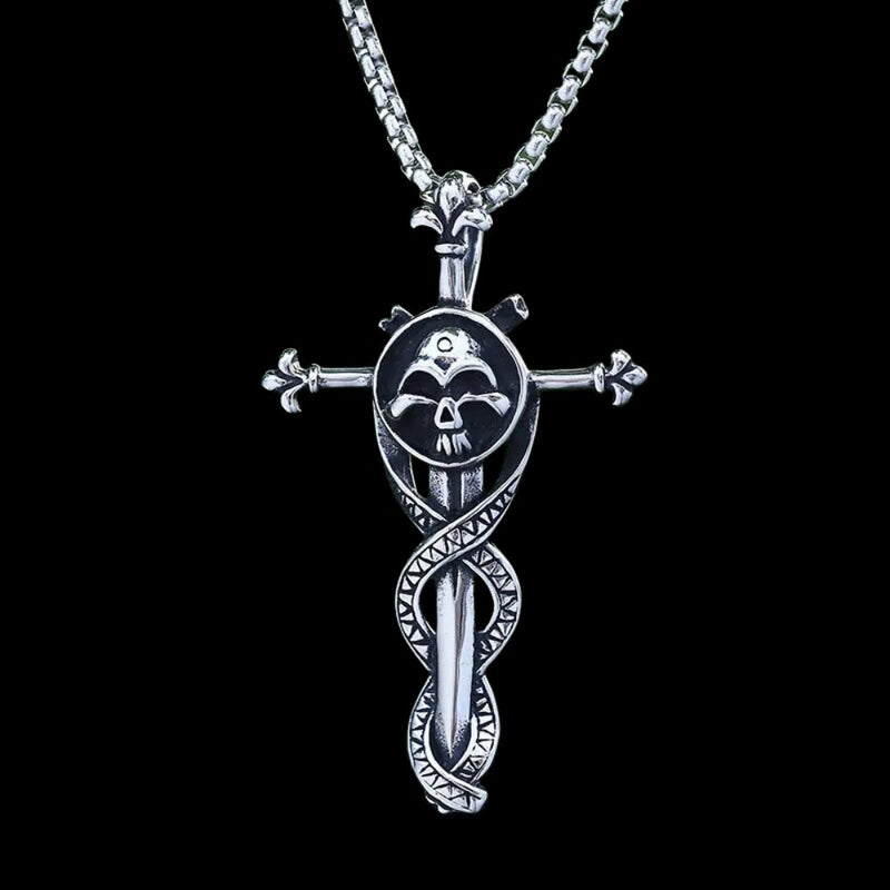 Skull Entwined Dagger Cross Pendant
