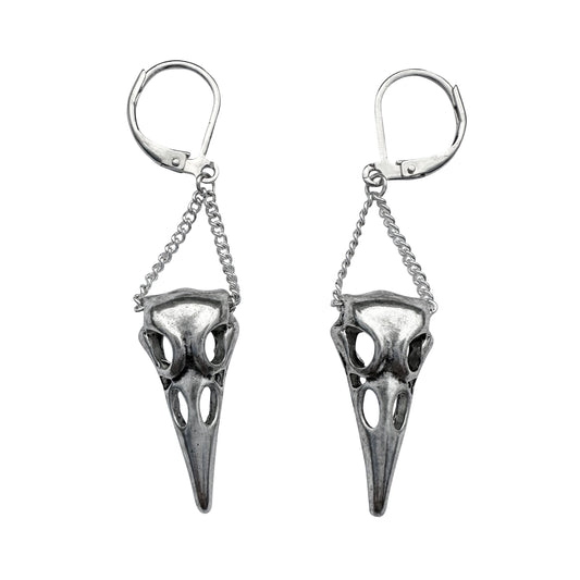 Silver Hanging Raven Skull Leverback Earrings