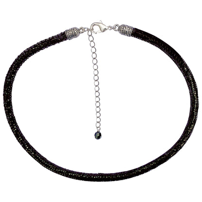 Black Leather Sparkly Snakeskin Choker Necklace With Silver Extender Chain & Swarovski Crystal