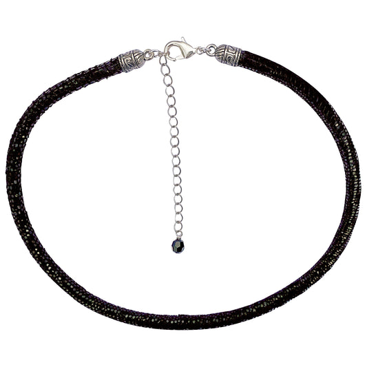 Black Leather Sparkly Snakeskin Choker Necklace With Silver Extender Chain & Swarovski Crystal